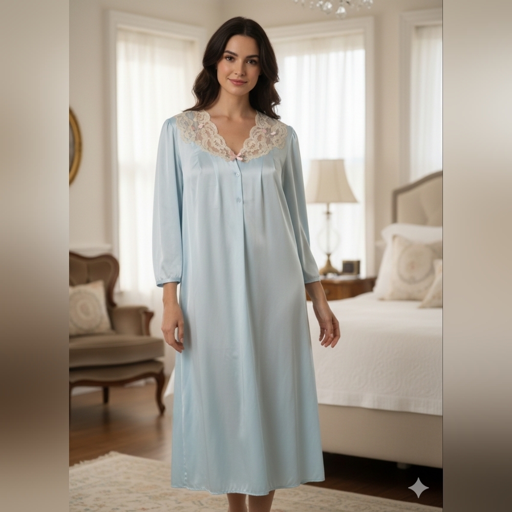 Vintage Sara Beth Blue Satin Lace Floral Embroidery Nightgown SZ XL